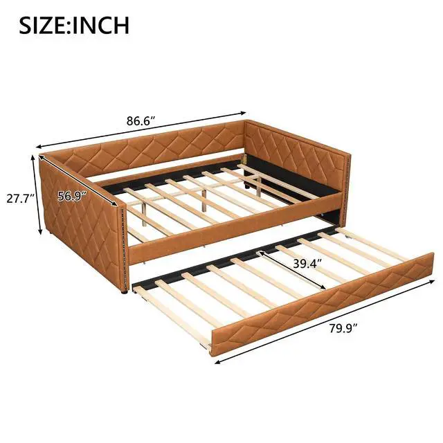 Alt view image 2 of 7 - PU Upholstered Trundle Bed Full XL, Button Tufted Daybed with Trundle and LED, Space-Saving Mid-Century Corner Beds for Kids Teens Adult Bedroom & Guestroom, Study Room, Eesy to Clean, Brown