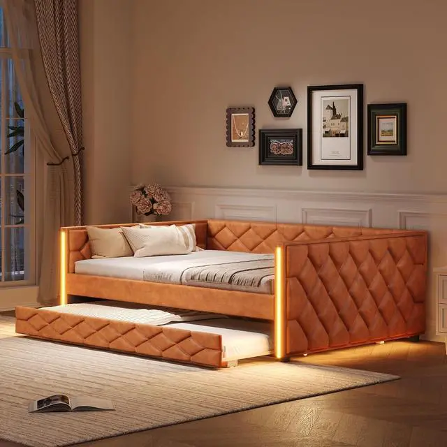 Main image of PU Upholstered Trundle Bed Full XL, Button Tufted Daybed with Trundle and LED, Space-Saving Mid-Century Corner Beds for Kids Teens Adult Bedroom & Guestroom, Study Room, Eesy to Clean, Brown