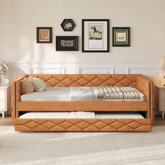 Alt view image 3 of 7 - PU Upholstered Trundle Bed Full XL, Button Tufted Daybed with Trundle and LED, Space-Saving Mid-Century Corner Beds for Kids Teens Adult Bedroom & Guestroom, Study Room, Eesy to Clean, Brown
