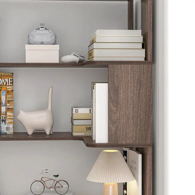 Alt view image 6 of 7 - 5 Tier Corner Bookshelf with Side Panels, 64.56" L Shaped Wood Bookcase with Round Edge, Right Corner Display Shelving for Living Room Office Bedroom Decor Organizer, Media Storage Shelves, Dark Brown