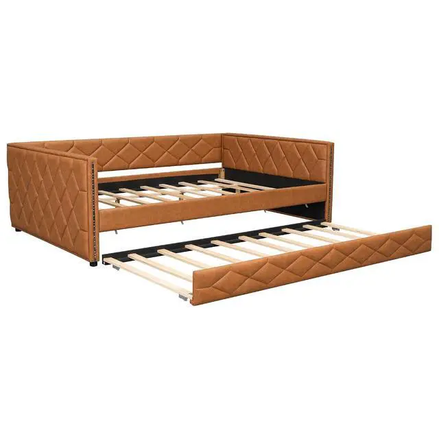 Alt view image 5 of 7 - PU Upholstered Trundle Bed Full XL, Button Tufted Daybed with Trundle and LED, Space-Saving Mid-Century Corner Beds for Kids Teens Adult Bedroom & Guestroom, Study Room, Eesy to Clean, Brown