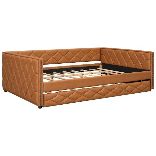 Alt view image 6 of 7 - PU Upholstered Trundle Bed Full XL, Button Tufted Daybed with Trundle and LED, Space-Saving Mid-Century Corner Beds for Kids Teens Adult Bedroom & Guestroom, Study Room, Eesy to Clean, Brown