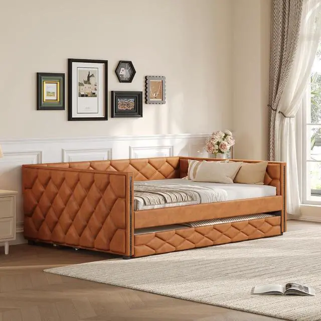 Alt view image 4 of 7 - PU Upholstered Trundle Bed Full XL, Button Tufted Daybed with Trundle and LED, Space-Saving Mid-Century Corner Beds for Kids Teens Adult Bedroom & Guestroom, Study Room, Eesy to Clean, Brown