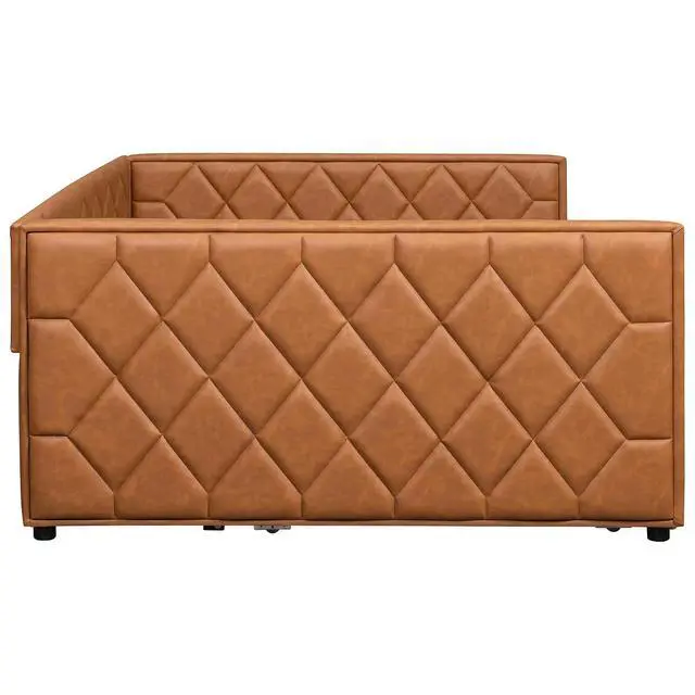 Alt view image 7 of 7 - PU Upholstered Trundle Bed Full XL, Button Tufted Daybed with Trundle and LED, Space-Saving Mid-Century Corner Beds for Kids Teens Adult Bedroom & Guestroom, Study Room, Eesy to Clean, Brown
