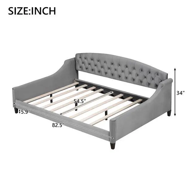 Alt view image 2 of 7 - Full Size Upholstered Daybed, Tufted Button Daybed Frame, Velvet Corner Sofa Bed Floor Bed Frame for Kids Teens Adults, Bedroom Furniture, Noise-Free, Easy Assembly, Gray