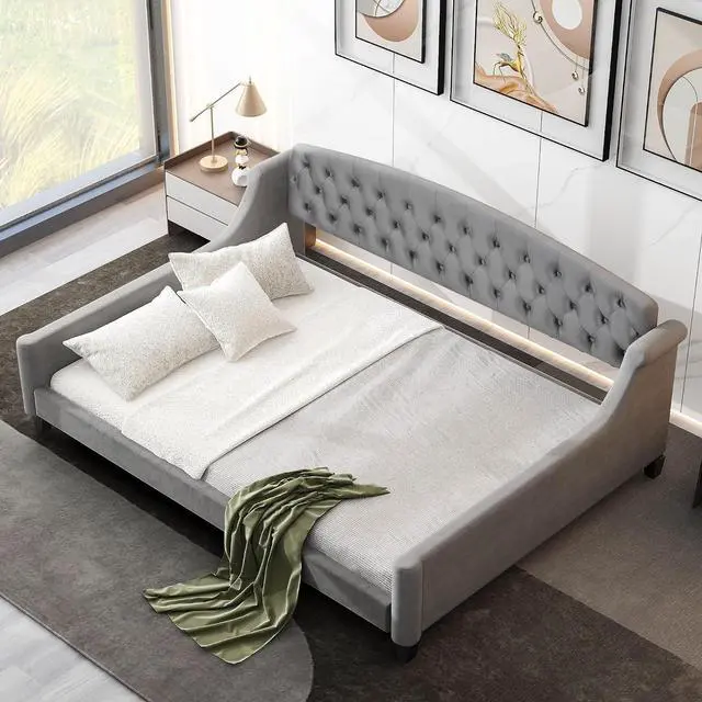 Main image of Full Size Upholstered Daybed, Tufted Button Daybed Frame, Velvet Corner Sofa Bed Floor Bed Frame for Kids Teens Adults, Bedroom Furniture, Noise-Free, Easy Assembly, Gray