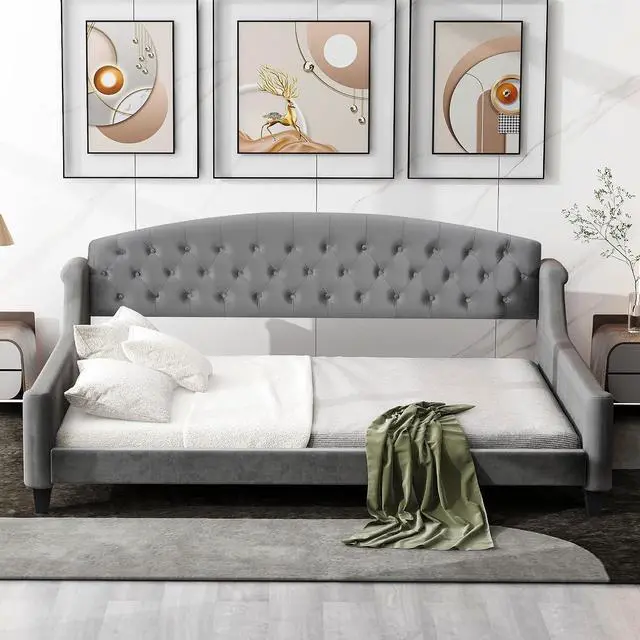 Alt view image 4 of 7 - Full Size Upholstered Daybed, Tufted Button Daybed Frame, Velvet Corner Sofa Bed Floor Bed Frame for Kids Teens Adults, Bedroom Furniture, Noise-Free, Easy Assembly, Gray