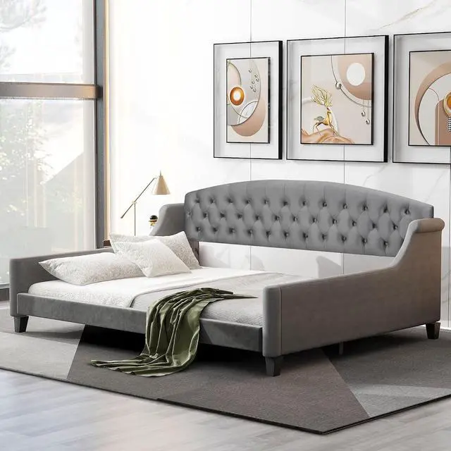 Alt view image 3 of 7 - Full Size Upholstered Daybed, Tufted Button Daybed Frame, Velvet Corner Sofa Bed Floor Bed Frame for Kids Teens Adults, Bedroom Furniture, Noise-Free, Easy Assembly, Gray