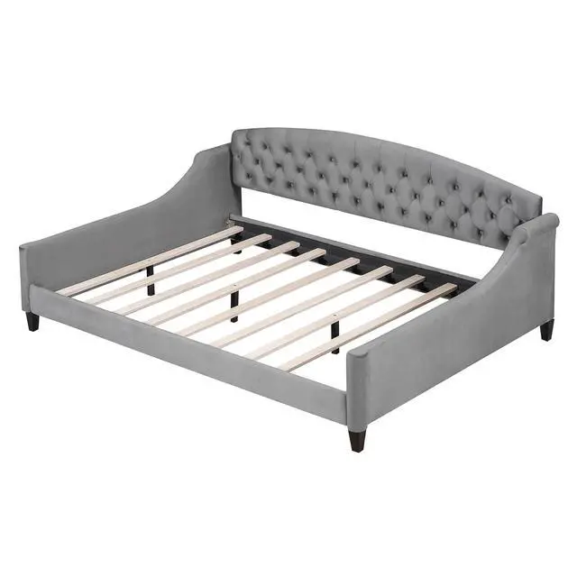 Alt view image 6 of 7 - Full Size Upholstered Daybed, Tufted Button Daybed Frame, Velvet Corner Sofa Bed Floor Bed Frame for Kids Teens Adults, Bedroom Furniture, Noise-Free, Easy Assembly, Gray