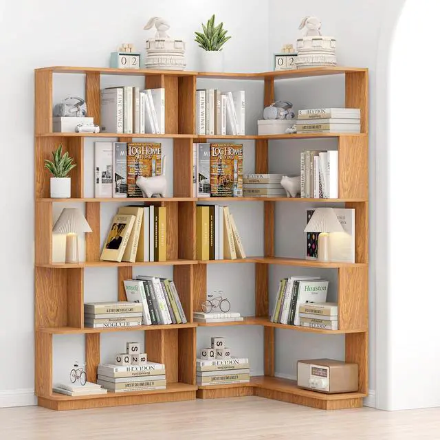 Alt view image 6 of 7 - 5 Tier Bookshelf with Side Panels, 64.56" Wooden Bookcase with Round Edge, Open Storage Display Shelving for Living Room Home Office Bedroom Decor Organizer, Media Storage Shelves, Dark Oak