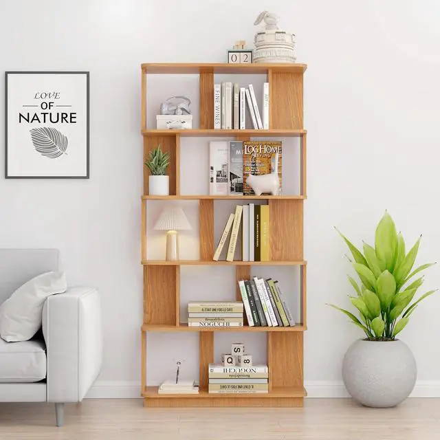 Alt view image 3 of 7 - 5 Tier Bookshelf with Side Panels, 64.56" Wooden Bookcase with Round Edge, Open Storage Display Shelving for Living Room Home Office Bedroom Decor Organizer, Media Storage Shelves, Dark Oak