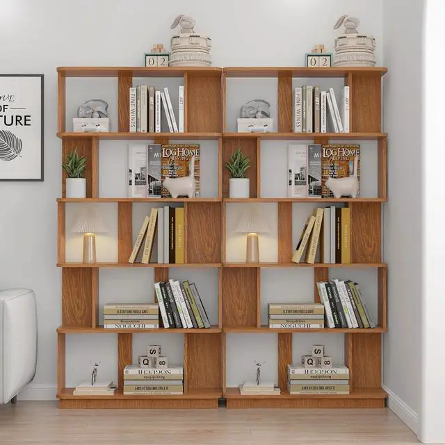 Alt view image 4 of 7 - 5 Tier Bookshelf with Side Panels, 64.56" Wooden Bookcase with Round Edge, Open Storage Display Shelving for Living Room Home Office Bedroom Decor Organizer, Media Storage Shelves, Dark Oak