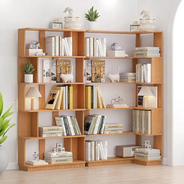 Alt view image 5 of 7 - 5 Tier Bookshelf with Side Panels, 64.56" Wooden Bookcase with Round Edge, Open Storage Display Shelving for Living Room Home Office Bedroom Decor Organizer, Media Storage Shelves, Dark Oak
