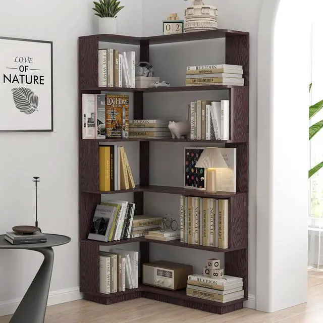 Main image of 5 Tier Corner Bookshelf with Side Panels, 64.56" L Shaped Wood Bookcase with Round Edge, Left Corner Display Shelf for Living Room Office Bedroom Decor Organizer, Media Storage Shelves, Ox Blood Red