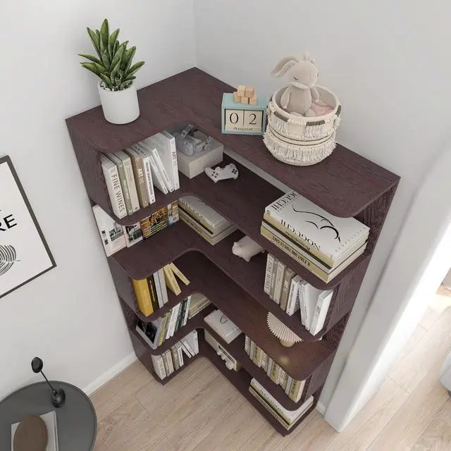 Alt view image 4 of 7 - 5 Tier Corner Bookshelf with Side Panels, 64.56" L Shaped Wood Bookcase with Round Edge, Left Corner Display Shelf for Living Room Office Bedroom Decor Organizer, Media Storage Shelves, Ox Blood Red