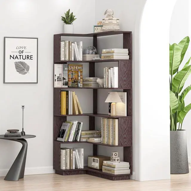 Alt view image 3 of 7 - 5 Tier Corner Bookshelf with Side Panels, 64.56" L Shaped Wood Bookcase with Round Edge, Left Corner Display Shelf for Living Room Office Bedroom Decor Organizer, Media Storage Shelves, Ox Blood Red