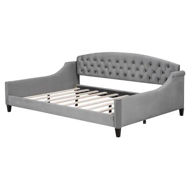 Alt view image 7 of 7 - Full Size Upholstered Daybed, Tufted Button Daybed Frame, Velvet Corner Sofa Bed Floor Bed Frame for Kids Teens Adults, Bedroom Furniture, Noise-Free, Easy Assembly, Gray
