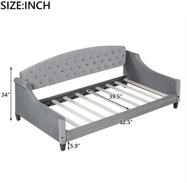 Alt view image 2 of 7 - Twin Size Upholstered Daybed, Tufted Button Daybed Frame, Velvet Corner Sofa Bed Floor Bed Frame for Kids Teens Adults, Bedroom Furniture, Noise-Free, Easy Assembly, Gray