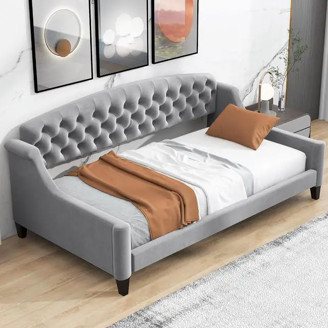 Main image of Twin Size Upholstered Daybed, Tufted Button Daybed Frame, Velvet Corner Sofa Bed Floor Bed Frame for Kids Teens Adults, Bedroom Furniture, Noise-Free, Easy Assembly, Gray