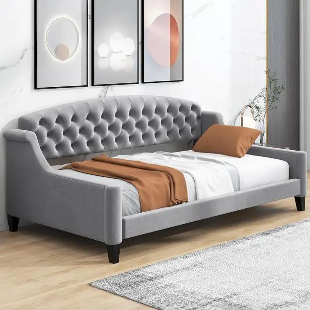 Alt view image 3 of 7 - Twin Size Upholstered Daybed, Tufted Button Daybed Frame, Velvet Corner Sofa Bed Floor Bed Frame for Kids Teens Adults, Bedroom Furniture, Noise-Free, Easy Assembly, Gray