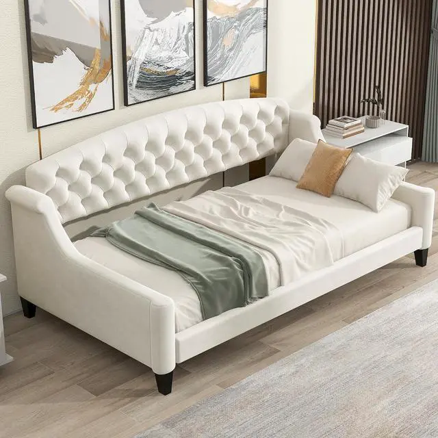 Main image of Twin Size Upholstered Daybed, Tufted Button Daybed Frame, Velvet Corner Sofa Bed Floor Bed Frame for Kids Teens Adults, Bedroom Furniture, Noise-Free, Easy Assembly, Beige