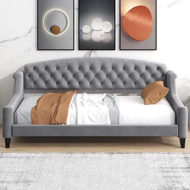Alt view image 4 of 7 - Twin Size Upholstered Daybed, Tufted Button Daybed Frame, Velvet Corner Sofa Bed Floor Bed Frame for Kids Teens Adults, Bedroom Furniture, Noise-Free, Easy Assembly, Gray