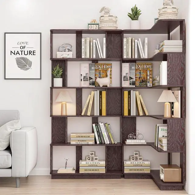 Alt view image 5 of 7 - 5 Tier Corner Bookshelf with Side Panels, 64.56" L Shaped Wood Bookcase with Round Edge, Left Corner Display Shelf for Living Room Office Bedroom Decor Organizer, Media Storage Shelves, Ox Blood Red