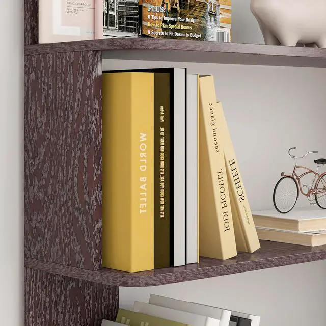 Alt view image 6 of 7 - 5 Tier Corner Bookshelf with Side Panels, 64.56" L Shaped Wood Bookcase with Round Edge, Left Corner Display Shelf for Living Room Office Bedroom Decor Organizer, Media Storage Shelves, Ox Blood Red