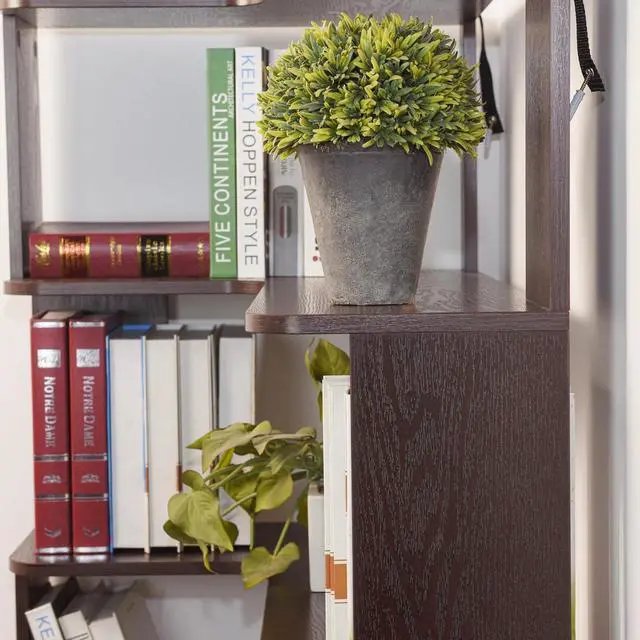 Alt view image 7 of 7 - 5 Tier Corner Bookshelf with Side Panels, 64.56" L Shaped Wood Bookcase with Round Edge, Left Corner Display Shelf for Living Room Office Bedroom Decor Organizer, Media Storage Shelves, Ox Blood Red