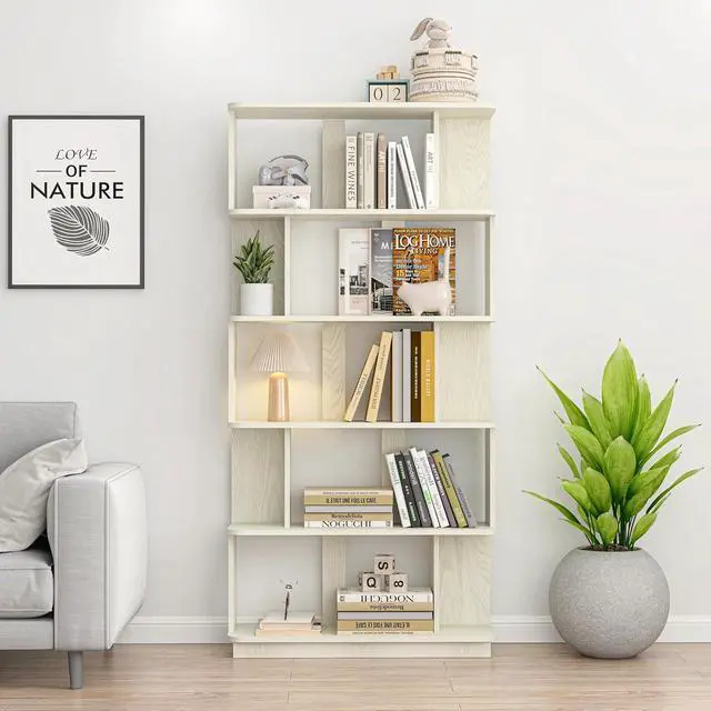 Alt view image 3 of 7 - 5 Tier Bookshelf with Side Panels, 64.56" Wooden Bookcase with Round Edge, Open Storage Display Shelving for Living Room Home Office Bedroom Decor Organizer, Media Storage Shelves, White