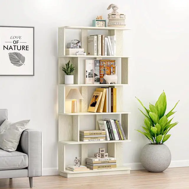 Alt view image 4 of 7 - 5 Tier Bookshelf with Side Panels, 64.56" Wooden Bookcase with Round Edge, Open Storage Display Shelving for Living Room Home Office Bedroom Decor Organizer, Media Storage Shelves, White