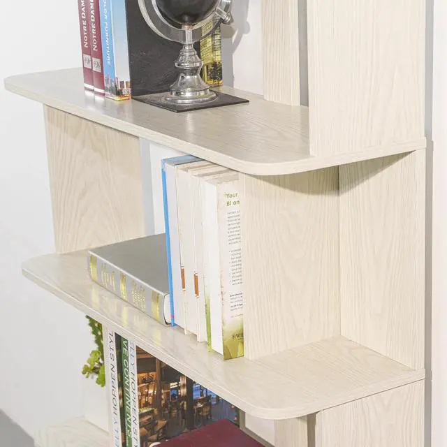 Alt view image 6 of 7 - 5 Tier Bookshelf with Side Panels, 64.56" Wooden Bookcase with Round Edge, Open Storage Display Shelving for Living Room Home Office Bedroom Decor Organizer, Media Storage Shelves, White