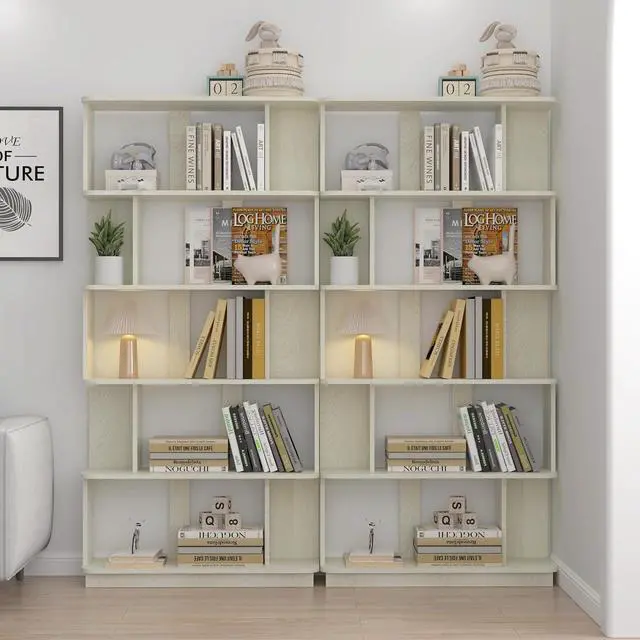 Alt view image 5 of 7 - 5 Tier Bookshelf with Side Panels, 64.56" Wooden Bookcase with Round Edge, Open Storage Display Shelving for Living Room Home Office Bedroom Decor Organizer, Media Storage Shelves, White