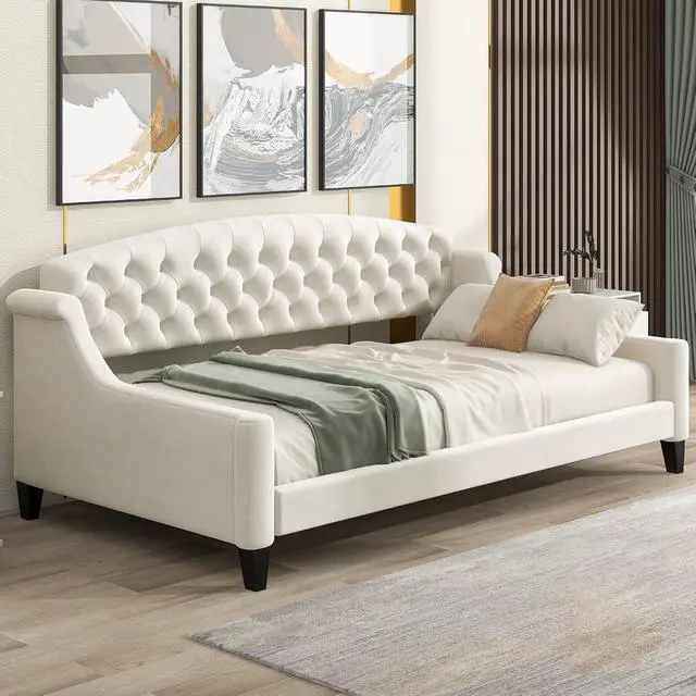 Alt view image 4 of 7 - Twin Size Upholstered Daybed, Tufted Button Daybed Frame, Velvet Corner Sofa Bed Floor Bed Frame for Kids Teens Adults, Bedroom Furniture, Noise-Free, Easy Assembly, Beige