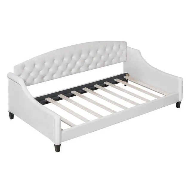 Alt view image 5 of 7 - Twin Size Upholstered Daybed, Tufted Button Daybed Frame, Velvet Corner Sofa Bed Floor Bed Frame for Kids Teens Adults, Bedroom Furniture, Noise-Free, Easy Assembly, Beige