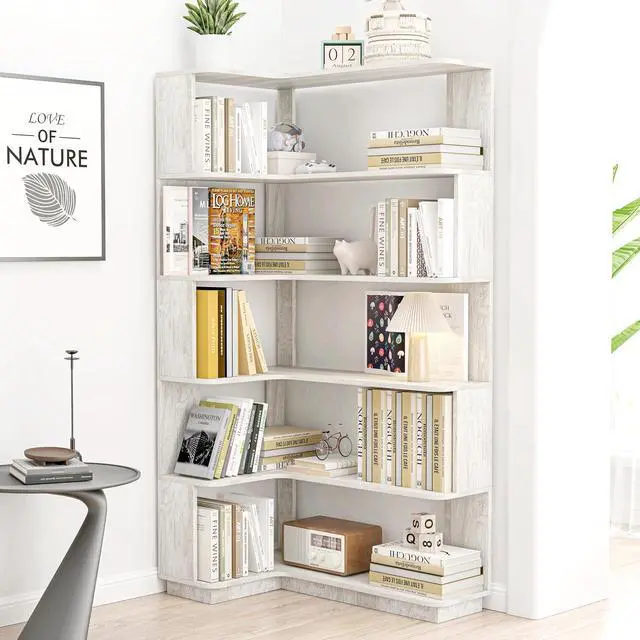 Main image of 5 Tier Corner Bookshelf with Side Panels, 64.56" L Shaped Wood Bookcase with Round Edge, Left Corner Display Shelf for Living Room Office Bedroom Decor Organizer, Media Storage Shelves, Light Gray
