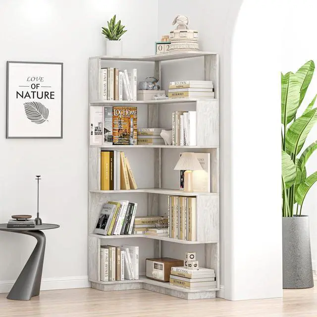 Alt view image 3 of 7 - 5 Tier Corner Bookshelf with Side Panels, 64.56" L Shaped Wood Bookcase with Round Edge, Left Corner Display Shelf for Living Room Office Bedroom Decor Organizer, Media Storage Shelves, Light Gray