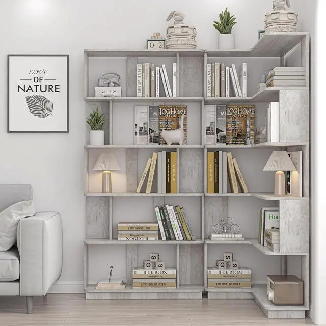 Alt view image 5 of 7 - 5 Tier Corner Bookshelf with Side Panels, 64.56" L Shaped Wood Bookcase with Round Edge, Left Corner Display Shelf for Living Room Office Bedroom Decor Organizer, Media Storage Shelves, Light Gray