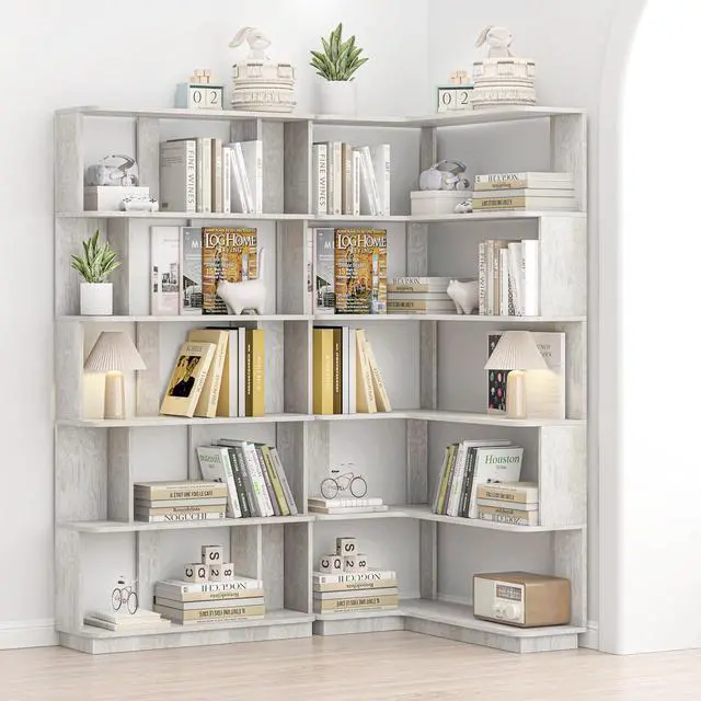 Alt view image 6 of 7 - 5 Tier Corner Bookshelf with Side Panels, 64.56" L Shaped Wood Bookcase with Round Edge, Left Corner Display Shelf for Living Room Office Bedroom Decor Organizer, Media Storage Shelves, Light Gray