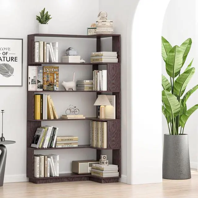 Alt view image 2 of 7 - 5 Tier Corner Bookshelf with Side Panels, 64.56" L Shaped Wood Bookcase with Round Edge, Right Corner Display Shelf for Living Room Office Bedroom Decor Organizer, Media Storage Shelves, Ox Blood Red