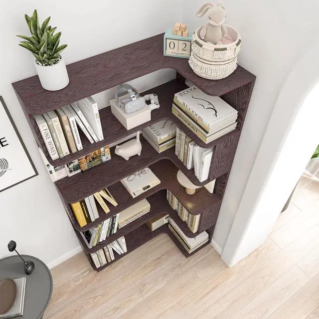 Alt view image 3 of 7 - 5 Tier Corner Bookshelf with Side Panels, 64.56" L Shaped Wood Bookcase with Round Edge, Right Corner Display Shelf for Living Room Office Bedroom Decor Organizer, Media Storage Shelves, Ox Blood Red