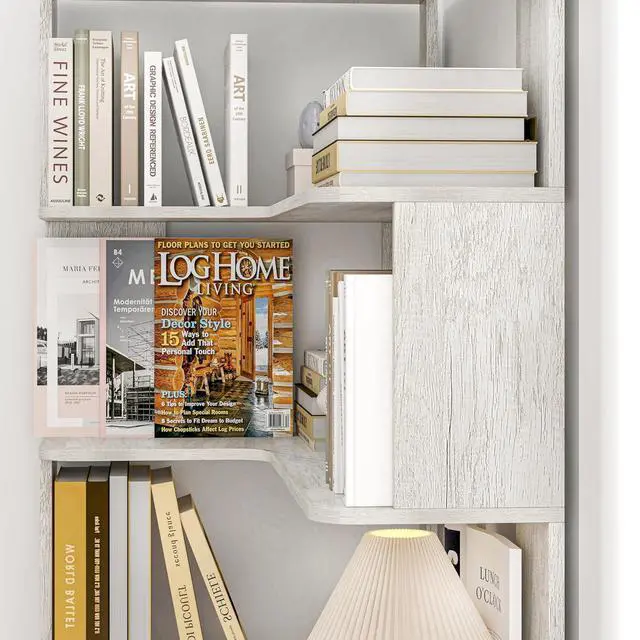 Alt view image 7 of 7 - 5 Tier Corner Bookshelf with Side Panels, 64.56" L Shaped Wood Bookcase with Round Edge, Left Corner Display Shelf for Living Room Office Bedroom Decor Organizer, Media Storage Shelves, Light Gray