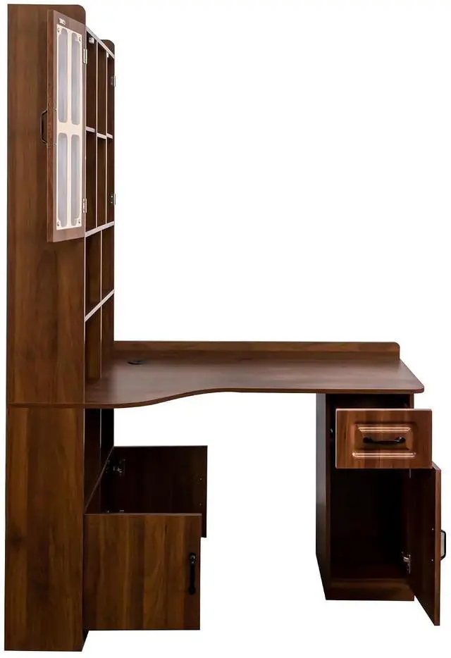 Alt view image 5 of 7 - L Shaped Desk with Hutch, 42" Corner Desk Hutch with Shelves, Farmhouse Computer Desk with Drawer for Work and Study, Storage Cabinet with Glass Door, Large Working Space,Walnut