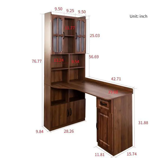 Alt view image 2 of 7 - L Shaped Desk with Hutch, 42" Corner Desk Hutch with Shelves, Farmhouse Computer Desk with Drawer for Work and Study, Storage Cabinet with Glass Door, Large Working Space,Walnut