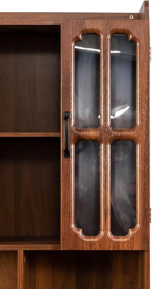 Alt view image 7 of 7 - L Shaped Desk with Hutch, 42" Corner Desk Hutch with Shelves, Farmhouse Computer Desk with Drawer for Work and Study, Storage Cabinet with Glass Door, Large Working Space,Walnut
