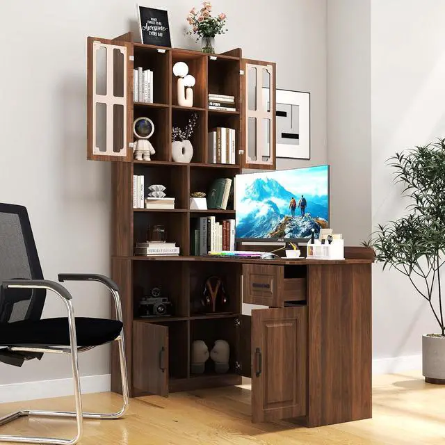 Alt view image 3 of 7 - L Shaped Desk with Hutch, 42" Corner Desk Hutch with Shelves, Farmhouse Computer Desk with Drawer for Work and Study, Storage Cabinet with Glass Door, Large Working Space,Walnut