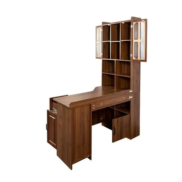 Alt view image 6 of 7 - L Shaped Desk with Hutch, 42" Corner Desk Hutch with Shelves, Farmhouse Computer Desk with Drawer for Work and Study, Storage Cabinet with Glass Door, Large Working Space,Walnut