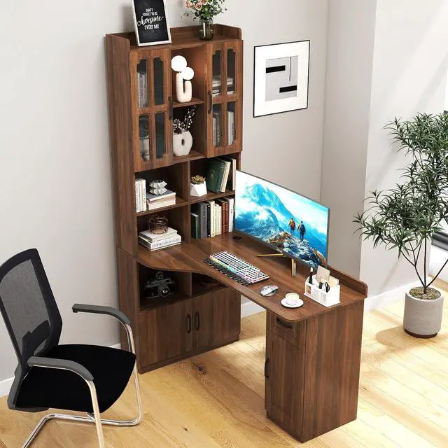 Main image of L Shaped Desk with Hutch, 42" Corner Desk Hutch with Shelves, Farmhouse Computer Desk with Drawer for Work and Study, Storage Cabinet with Glass Door, Large Working Space,Walnut