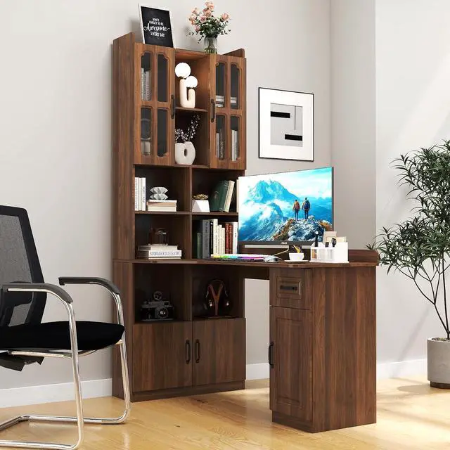 Alt view image 4 of 7 - L Shaped Desk with Hutch, 42" Corner Desk Hutch with Shelves, Farmhouse Computer Desk with Drawer for Work and Study, Storage Cabinet with Glass Door, Large Working Space,Walnut
