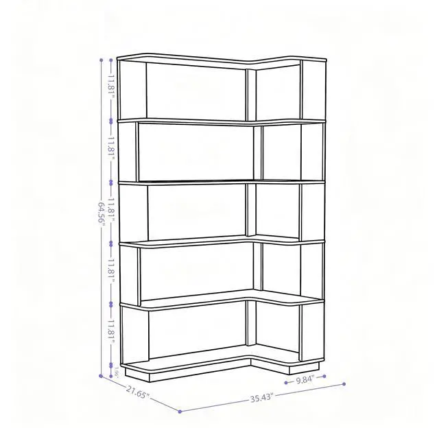 Alt view image 2 of 7 - 5 Tier Corner Bookshelf with Side Panels, 64.56" L Shaped Wood Bookcase with Round Edge, Right Corner Display Shelving for Living Room Office Bedroom Decor Organizer, Media Storage Shelves, Dark Brown